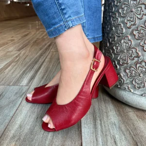 Sandália Maricota Couro Vermelha Slingback