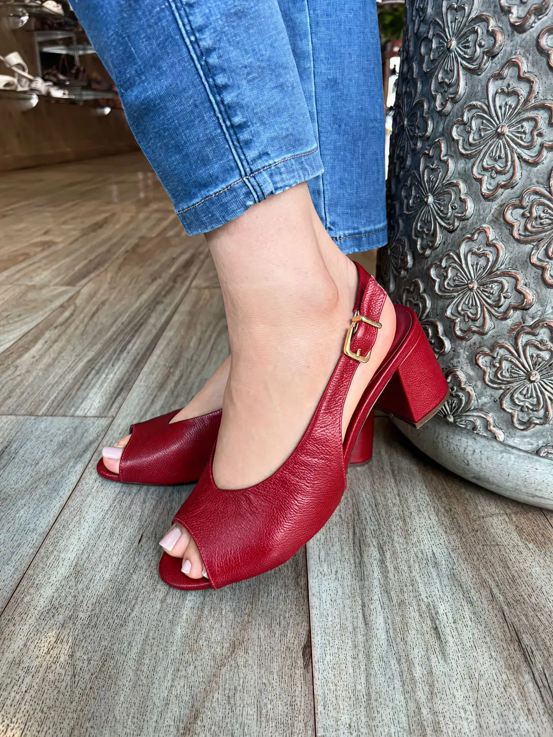 Sandália Maricota Couro Vermelha Slingback